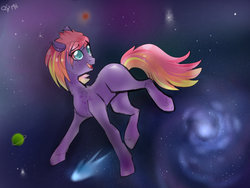 Size: 1024x768 | Tagged: safe, artist:rflzqt, oc, oc only, oc:wishful thinking, earth pony, pony, earth pony oc, female, floating, galaxy, mare, open mouth, open smile, smiling, solo, space, zero gravity