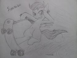 Size: 600x450 | Tagged: safe, artist:zokoira, scootaloo, g4, female, grayscale, monochrome, scooter, solo, traditional art