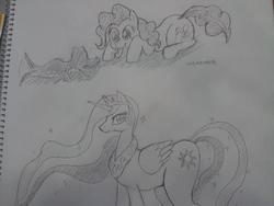 Size: 600x450 | Tagged: safe, artist:zokoira, gummy, pinkie pie, princess celestia, g4, grayscale, monochrome, traditional art