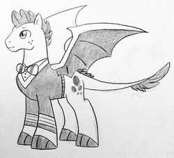 Size: 2422x2197 | Tagged: safe, artist:kianamai, oc, oc only, oc:turquoise blitz, dracony, hybrid, kilalaverse, high res, interspecies offspring, monochrome, next generation, offspring, parent:rarity, parent:spike, parents:sparity, pencil drawing, ponytones outfit, solo, traditional art