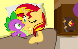 Size: 1500x945 | Tagged: safe, artist:kuren247, artist:sulyo, hundreds of users filter this tag, vector edit, spike, sunset shimmer, pony, unicorn, g4, bed, book, female, journey book, kissing, looking at you, love, male, ship:sunsetspike, shipping, show accurate, straight, wide eyes, wink