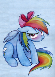 Size: 585x817 | Tagged: safe, artist:miszasta, rainbow dash, pegasus, pony, g4, backwards cutie mark, blushing, cute, dashabetes, female, folded wings, grumpy, hair bow, looking at you, mare, rainbow dash always dresses in style, sitting, solo, tsunderainbow, tsundere, watermark, wings