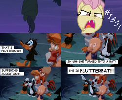 Size: 1702x1396 | Tagged: safe, artist:steghost, fluttershy, bat pony, bird, cat, chicken, duck, human, pig, bats!, g4, bat ponified, crossover, daffy duck, elmer fudd, fangs, flutterbat, foghorn leghorn, glare, hissing, looney tunes, open mouth, pointing, porky pig, race swap, rooster, space jam, sylvester, tuxedo cat, wide eyes, yosemite sam