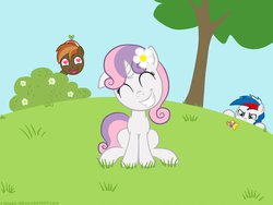Size: 1024x768 | Tagged: safe, artist:cogwheel98, button mash, sweetie belle, oc, oc:marussia, g4, female, flower, flower in hair, heart eyes, male, nation ponies, russia, ship:sweetiemash, shipping, sitting, smiling, straight, wingding eyes
