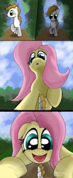 Size: 575x1390 | Tagged: safe, artist:made-in-donuts, fluttershy, oc, oc:vanilla, g4, forest, giantess, macro, offscreen character, pov