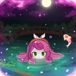 Size: 750x750 | Tagged: safe, artist:lumineko, sweetie belle, fish, koi, equestria girls, g4, :o, blushing, bridge, cherry blossoms, cherry tree, cute, female, japan, looking at you, moon, night, petals, solo, tree, water