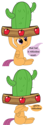 Size: 802x2337 | Tagged: safe, artist:laserbiskit, scootaloo, appleoosa's most wanted, g4, cactus hat, comic, crossed legs, female, giant hat, hat, implied sweetie belle, offscreen character, simple background, sitting, solo, sombrero, transparent background