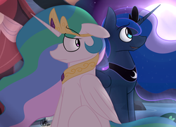 Size: 1024x737 | Tagged: safe, artist:artsyambi, princess celestia, princess luna, g4, regret, sad