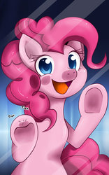 Size: 1200x1920 | Tagged: safe, artist:theunununium, pinkie pie, earth pony, pony, g4, cute, diapinkes, female, fourth wall, glass, looking at you, mare, open mouth, smiling, solo, underhoof