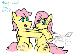 Size: 840x626 | Tagged: safe, artist:jargon scott, fluttershy, pegasus, pony, g4, box, butterscotch, dialogue, doll, male, rule 63, stallion