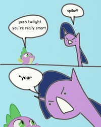 Size: 800x1000 | Tagged: safe, artist:wollap, spike, twilight sparkle, g4, :<, comic, frown, glare, grammar error, open mouth, smiling, wat, you had one job