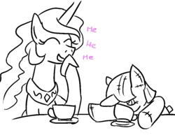 Size: 894x690 | Tagged: safe, artist:jargon scott, princess celestia, twilight sparkle, g4, cute, doll, giggling, monochrome, table, tea party, teacup