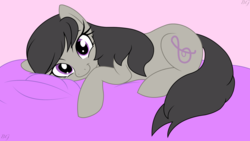 Size: 1920x1080 | Tagged: safe, artist:baudelairegaudi, octavia melody, earth pony, pony, g4, backwards cutie mark, cute, female, looking at you, lying down, mare, prone, signature, simple background, smiling, solo, tavibetes