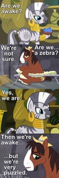 Size: 600x1800 | Tagged: safe, edit, edited screencap, screencap, trouble shoes, zecora, earth pony, pony, zebra, g4, blazing saddles, caption, female, grin, hat, image macro, male, meme, movie quote, movie reference, open mouth, poison joke, stallion