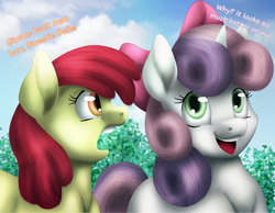 Size: 3000x2327 | Tagged: safe, artist:kurausuki, artist:latecustomer, apple bloom, sweetie belle, g4, accessory swap, accessory theft, colored, cute, high res, open mouth