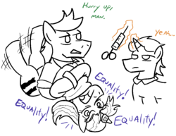 Size: 1032x795 | Tagged: safe, artist:jargon scott, starlight glimmer, g4, the cutie map, dialogue, equal cutie mark, equality, horn, horn ring, insanity, magic, magic suppression, needle, orderly, snaplight glimmer, straitjacket, syringe, that pony sure does love equality