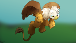 Size: 1920x1080 | Tagged: safe, artist:noben, oc, oc only, griffon, flying, frown, looking down, solo, spread wings