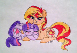 Size: 1280x888 | Tagged: safe, artist:ameliacostanza, sunset shimmer, twilight sparkle, pony, unicorn, g4, cuddling, female, lesbian, ship:sunsetsparkle, shipping