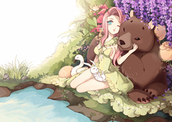 Size: 1503x1062 | Tagged: safe, artist:siam, angel bunny, fluttershy, harry, bear, bird, goose, human, squirrel, g4, acorn, animal, clothes, dress, female, humanized, pixiv, pond, sleeping, solo, wingding eyes, wink