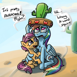 Size: 1125x1125 | Tagged: safe, artist:rawrienstein, derpibooru exclusive, rainbow dash, scootaloo, pegasus, pony, appleoosa's most wanted, g4, cactus, cactus hat, dialogue, duo, duo female, female, filly, foal, giant hat, hat, hug, mare, open mouth, scootalove, sitting, speech bubble, talking, winghug