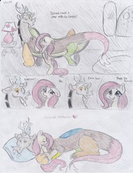 Size: 2550x3300 | Tagged: safe, artist:lacedra, discord, fluttershy, g4, comic, female, high res, male, ship:discoshy, shipping, sleeping, snuggling, straight, traditional art