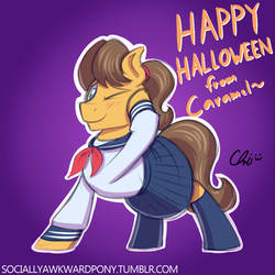 Size: 1000x1000 | Tagged: safe, artist:nekocrispy, caramel, g4, clothes, costume, crossdressing, cute, halloween, ponytail, sailor uniform, school uniform, schoolgirl, skirt, socially awkward pony, socks, solo