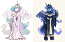 Size: 1960x1280 | Tagged: safe, artist:king-kakapo, princess celestia, princess luna, anthro, g4, arm hooves, bedroom eyes, clothes, dress, earring, grin, piercing, sandals, sketch, smiling, spread wings