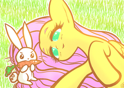 Size: 1835x1299 | Tagged: safe, artist:sigpi, angel bunny, fluttershy, pegasus, pony, g4, carrot, colored pupils, female, food, grass, lying down, mare, on side