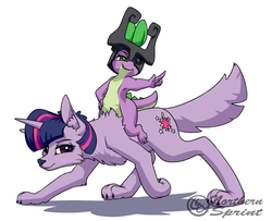 Size: 1280x1040 | Tagged: safe, artist:northernsprint, spike, twilight sparkle, dragon, wolf, g4, crossover, ironic, link, midna, species swap, the legend of zelda, the legend of zelda: twilight princess, twilight barkle, twiwolf, wolf link, wolfified