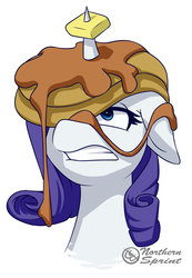 Size: 1280x1845 | Tagged: safe, artist:northernsprint, rarity, pony, unicorn, g4, butter, female, floppy ears, frown, gritted teeth, horn, horn impalement, i'm pancake, pancakes, simple background, solo, syrup