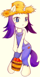 Size: 456x858 | Tagged: safe, artist:auntie_grub, rarity, unicorn, semi-anthro, g4, apple, arm hooves, bucket, female, rarihick, solo