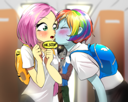 Size: 1000x800 | Tagged: safe, artist:quizia, discord, fluttershy, rainbow dash, equestria girls, g4, alternate hairstyle, blushing, eyes closed, female, kissing, lesbian, lesbian in front of boys, male, ship:flutterdash, shipping, sweat