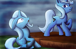 Size: 2000x1294 | Tagged: safe, artist:fox-moonglow, trixie, oc, oc:checker monarch, pony, unicorn, fanfic:getting back on your hooves, g4, duo, fanfic art, female, mare