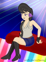 Size: 704x944 | Tagged: safe, alternate version, artist:wrath-marionphauna, octavia melody, human, g4, boots, clothes, female, headphones, humanized, lipstick, mittens, party, shoes, shorts, sitting, solo