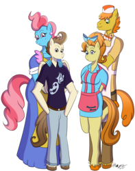 Size: 1024x1302 | Tagged: safe, artist:anbuelite5, carrot cake, cup cake, pound cake, pumpkin cake, earth pony, anthro, unguligrade anthro, g4, cake family, clothes, commission, older, older pound cake, older pumpkin cake, simple background, transparent background