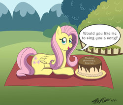 Size: 1024x873 | Tagged: safe, artist:anbuelite5, fluttershy, pony, g4, cake, female, happy birthday, solo