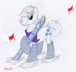 Size: 1000x944 | Tagged: safe, artist:foxxy-arts, double diamond, g4, the cutie map, clothes, cute, double dawwmond, male, red nosed, skis, snow, socks, solo, striped socks