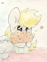 Size: 686x904 | Tagged: safe, artist:slightlyshade, derpy hooves, pegasus, pony, g4, female, mare, muffin, solo, that pony sure does love muffins, traditional art
