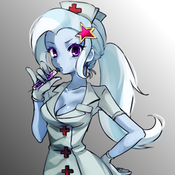 Size: 700x700 | Tagged: safe, artist:weiliy, trixie, equestria girls, g4, breasts, cleavage, crossover, female, gradient background, gray background, looking at you, nurse, pinky out, simple background, skullgirls, solo, syringe, valentine (skullgirls)
