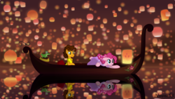 Size: 1600x900 | Tagged: safe, artist:nstone53, cheese sandwich, gummy, pinkie pie, g4, beautiful, boat, clothes, crossover, dress, female, gondola, i see the light, lantern, lights, male, paper lantern, rapunzel, reflection, ship:cheesepie, shipping, sky lantern, straight, tangled (disney), water