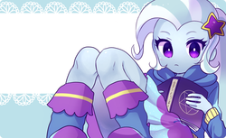 Size: 900x550 | Tagged: safe, artist:weiliy, trixie, equestria girls, g4, book, clothes, cute, diatrixes, female, pixiv, sitting, skirt, solo