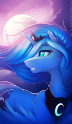 Size: 2000x3455 | Tagged: safe, artist:antiander, princess luna, alicorn, pony, g4, fangs, female, high res, mare, mare in the moon, moon, solo, windswept mane