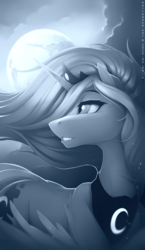 Size: 2000x3455 | Tagged: safe, artist:antiander, princess luna, alicorn, pony, g4, fangs, female, grayscale, high res, mare in the moon, monochrome, moon, s1 luna, solo