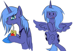 Size: 850x600 | Tagged: safe, artist:orioninspiration, princess luna, g4, both cutie marks, female, juice box, on back, s1 luna, simple background, solo, spread wings, transparent background, underhoof