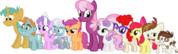 Size: 1131x345 | Tagged: safe, artist:thebosscamacho, apple bloom, cheerilee, diamond tiara, featherweight, pipsqueak, scootaloo, silver spoon, snails, snips, sweetie belle, twist, earth pony, pegasus, pony, unicorn, g4, colt, cutie mark crusaders, female, filly, foal, glasses, grin, male, mare, raised hoof, simple background, smiling, transparent background, vector