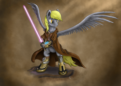 Size: 2100x1500 | Tagged: safe, artist:cryptic-dash, derpy hooves, pony, g4, bipedal, cloak, clothes, female, jedi, lightsaber, solo, spread wings, star wars