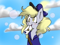 Size: 1024x768 | Tagged: safe, artist:misslazzy, derpy hooves, pegasus, pony, g4, blushing, clothes, cloud, cute, derpabetes, eye clipping through hair, female, letter, mailmare, mare, mouth hold, sky, solo, uniform