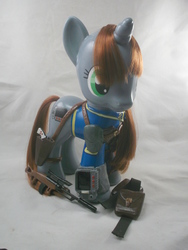 Size: 3216x4288 | Tagged: safe, artist:gryphyn-bloodheart, oc, oc only, oc:littlepip, pony, unicorn, fallout equestria, clothes, customized toy, fanfic, female, gun, handgun, horn, irl, jumpsuit, little macintosh, mare, photo, pipbuck, revolver, rifle, saddle bag, solo, styling size, toy, vault suit, weapon, zebra rifle