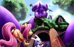 Size: 1280x823 | Tagged: safe, artist:php131, artist:tsitra360, angel bunny, fluttershy, twilight sparkle, g4, alice in wonderland, butt, collaboration, cookie, flutterbutt, giantess, macro, open mouth, parody, plot