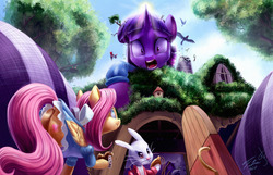 Size: 1280x823 | Tagged: safe, artist:tsitra360, angel bunny, fluttershy, twilight sparkle, g4, alice in wonderland, butt, clothes, collaboration, cookie, dress, giantess, growth, macro, open mouth, parody, plot, socks, striped socks